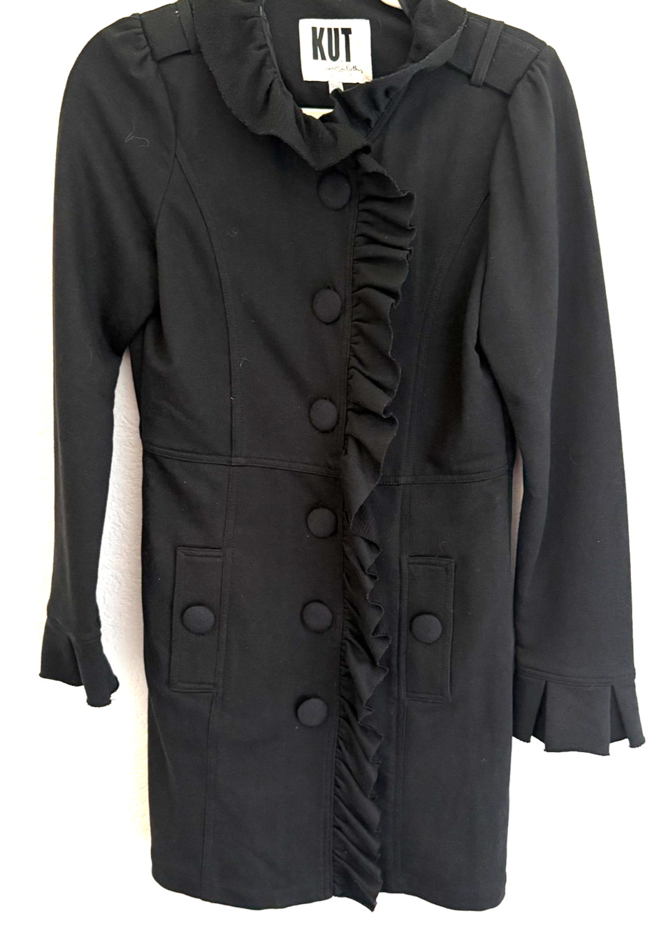 KUT from the Kloth Womens Cotton Ruffled Buttoned Long Basic Jacket Black Size M